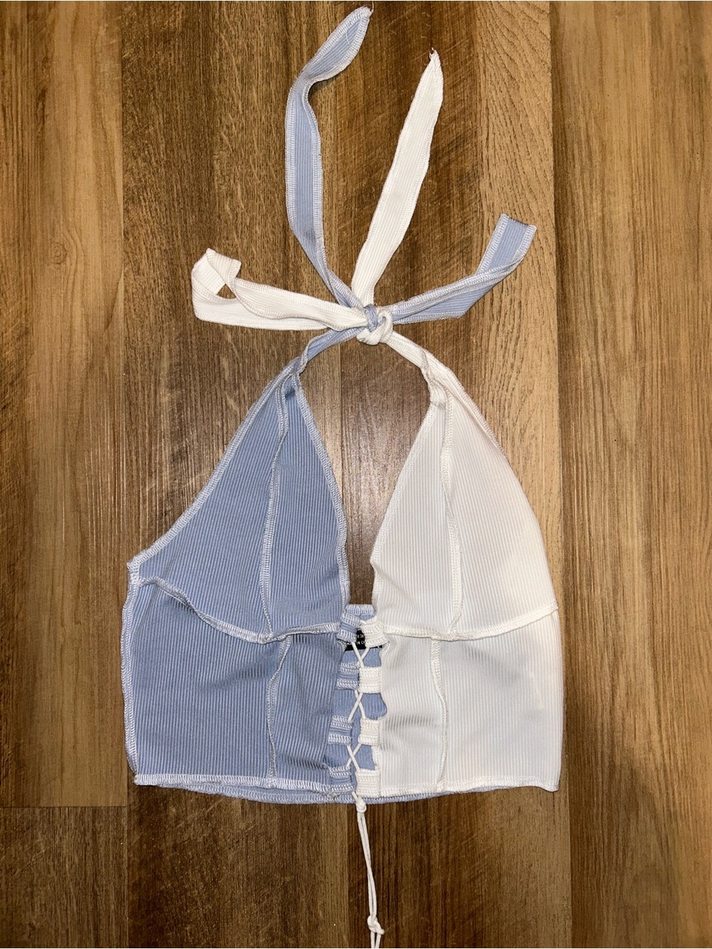 SHEIN Blue and White Ribbed Halter Lace-Up Crop Top